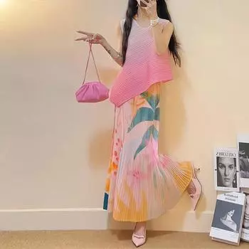 Новая юбка А-силуэта с плиссировкой, коммуникация, снижающая возраст, юбка кораллового цвета, летний комплект с короткими рукавами One Size розовый