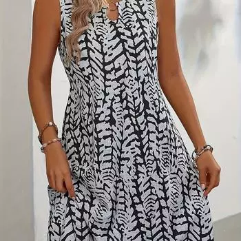 Новая юбка без рукавов с принтом в виде круга для отпуска и досуга, универсальное модное платье, женская одежда больших размеров XL чёрный