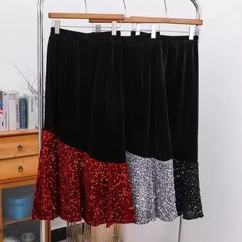 Новая юбка-рыбий хвост из бархата с пайетками, выполненная в тяжелом промышленном стиле, женская осенне-зимняя, элегантная юбка бордового цвета one size fits all чёрный