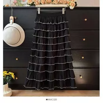 Новая юбка с оборками и листьями, высокая талия, многослойная юбка в складку, женская, с высоким чувством темперамента, супер красивая юбка One Size чёрный