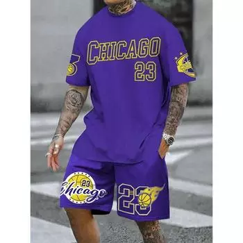 Новая уличная мода баскетбольная футболка для спорта на открытом воздухе мужские шорты с принтом монограммы Чикаго мужской комплект с коротким рукавом и шортами S
