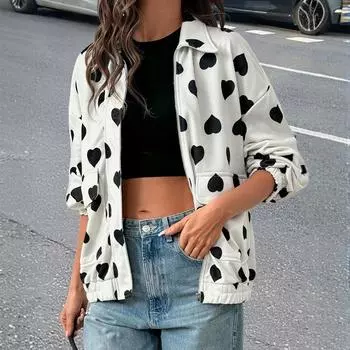 Новая уличная повседневная куртка в милом стиле с лацканами на молнии и в форме сердца для женской весны и осени S