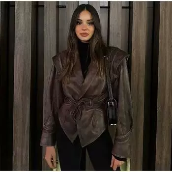 Новая универсальная однобортная кожаная куртка с ремнем в стиле ретро зеленого цвета с фруктовым воротником для женщин на весну и осень S