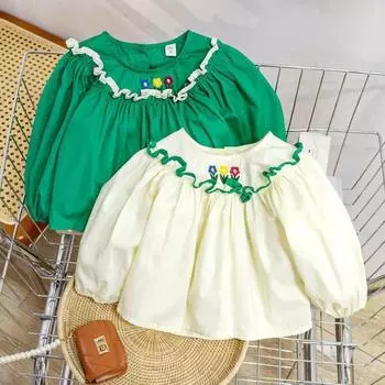 Новая универсальная рубашка с длинным рукавом и воротником-фонариком для девочек на весну и осень 80cm жёлтый