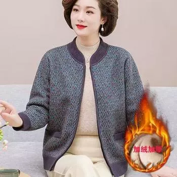 Новая утепленная куртка из бархата на молнии для женщин среднего возраста, осенне-зимняя вязаная кофта-кардиган в иностранном стиле с воротником-стойкой для бабушек XL recommended weight 90-110