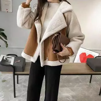 Новая утепленная куртка из овечьей шерсти с утолщенным мехом, свободный и универсальный верх, мотоциклетный костюм S дубильная кора