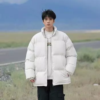 Новая утолщенная хлопковая одежда Зимняя одежда большого размера для пар с жареным уличным хлебом, воротник-стойка, универсальная повседневная однотонная одежда с хлопковой подкладкой S чёрный