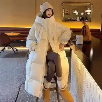 Новая утолщенная хлопковая подкладка, женская длинная наколенниковая одежда, корейская версия, свободная одежда для хлеба, зимняя хлопковая подкладка S Below 52.5 kg белый