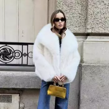 Новая утолщенная шуба из лисьего меха, зимняя искусственная шуба, теплая темно-синяя шуба с воротником для женщин S