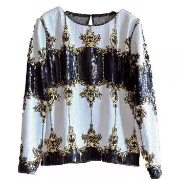 Новая Весна Новое Поступление Европейская и Американская Женская Одежда Классная Элегантная Тяжелая Промышленность Бисер Пайетки Кружево Рубашка Мех Подкладка Рубашка Топы Black All yards