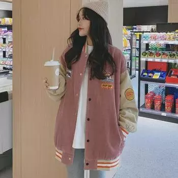 Новая вельветовая бейсбольная куртка в корейском стиле с вышивкой и карманами для женщин - свободный крой, идеально подходит для весны и осени 2XL синий