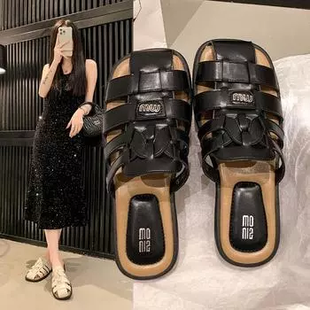 Новая верхняя одежда женские летние тапочки с одной педалью, сумка на голову, полутапки, интернет-знаменитости, классные тапочки, римский стиль, универсальные повседневные тапочки для женщин 35 чёрный