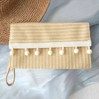 Новая весенне-летняя модная женская сумка, прочная соломенная повседневная клатч, женская милая винтажная пляжная маленькая дорожная сумочка с кисточками 26CM бежевый