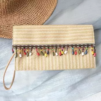 Новая весенне-летняя модная женская сумка, прочная соломенная повседневная клатч, женская милая винтажная пляжная маленькая дорожная сумочка с кисточками 26CM бежевый