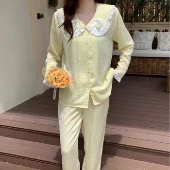 Новая весенне-летняя тонкая атласная вышитая домашняя одежда с длинными рукавами, милый комплект пижамы для девочек M слоновая кость