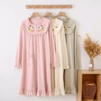 Новая весенне-летняя женская длинная юбка из 100% хлопка, юбка с длинными рукавами, платье, милая вышитая ночная рубашка, домашняя одежда, одежда для сна M