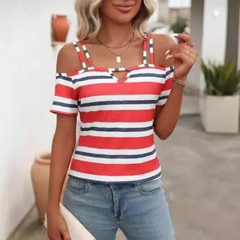 Новая весенне-летняя женская мода на отпуск, повседневная футболка с открытыми плечами и короткими рукавами S красный