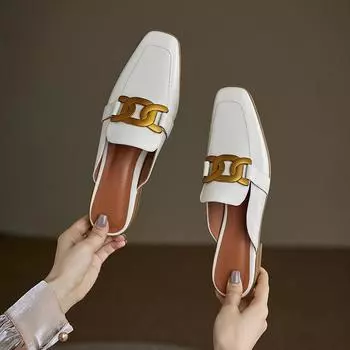 Новая весенне-летняя женская обувь, туфли-лодочки с квадратным носком, женские однотонные туфли-лодочки из коровьей кожи на низком каблуке, женские шлепанцы на металлических пуговицах 34 белый