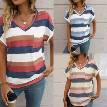 Новая весенне-летняя женская повседневная и удобная полосатая разноцветная футболка с V-образным вырезом и рукавами «летучая мышь»