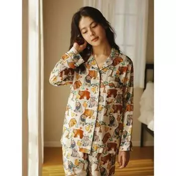 Новая весенне-осенняя хлопковая пижама с милым принтом животных и карманом на лацкане, с длинным рукавом, домашняя одежда M