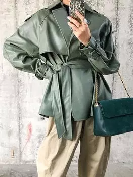Новая весенне-осенняя куртка из искусственной кожи, повседневная женская уличная одежда, верхняя одежда, куртки, женское пальто с поясом из искусственной кожи L зелёный