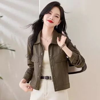 Новая весенне-осенняя куртка из натуральной кожи, женская, маленькая, ретро, модная, тонкая, короткая, темпераментная, кожаная куртка с лацканами M