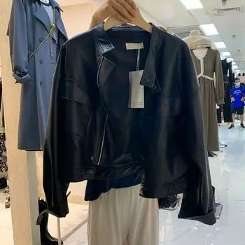 Новая весенне-осенняя мотоциклетная кожаная куртка женская из искусственной кожи с потертостями короткая модная иностранная имитация кожаной куртки S suggestion [80-50 kg] зелёный