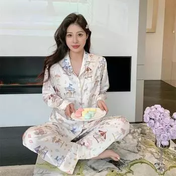 Новая весенне-осенняя одежда с длинным рукавом и тонким рисунком для дома, милая студенческая легкая роскошная пижама, женский комплект брюк M