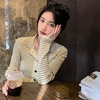 Новая весенне-осенняя полосатая вязаная куртка-кардиган с воротником-поло, женская рубашка-рубашка с длинными рукавами, дизайн Niche One size