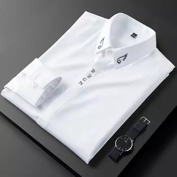 Новая весенне-осенняя высококлассная простая модная трендовая повседневная приталенная рубашка с вышивкой и длинным рукавом для мужчин L белый