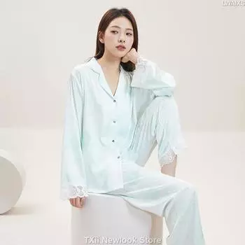 Новая весенне-осенняя женская домашняя одежда с кружевными манжетами и длинными рукавами, кардиган, комплект из двух предметов, простая, приятная для кожи пижама M