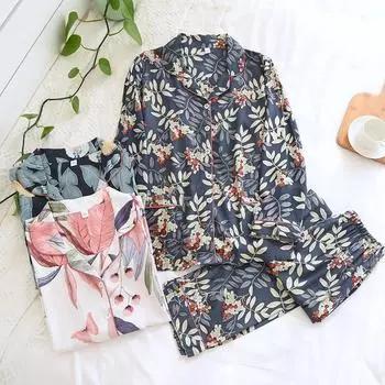 Новая весенне-осенняя женская пижама из 100% вискозы с длинными рукавами, домашняя одежда из чистого хлопка с цветами, большой размер, комплект из двух предметов, лето M