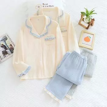 Новая весенне-осенняя женская пижама из 100% хлопкового крепа, брюки с длинными рукавами, комплект из двух предметов для женской домашней одежды M