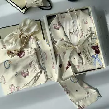 Новая весенне-осенняя женская пижама из ледяного шелка, домашний костюм для женщин и девочек, шелковая тонкая пижама с мультяшным принтом M