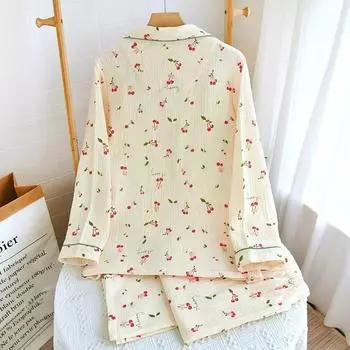 Новая весенне-осенняя женская пижама с длинными рукавами и брюками, комплект из двух предметов, 100% хлопок M
