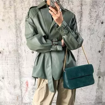 Новая весенне-осенняя женская повседневная женская уличная одежда из искусственной кожи, верхняя одежда, кожаная куртка с поясом, пальто S зелёный