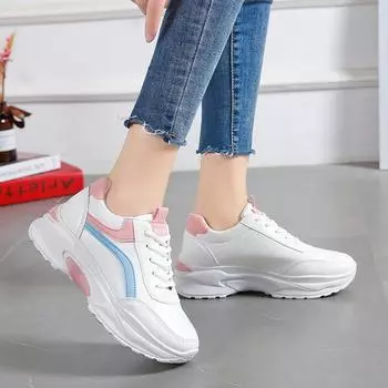 Новая весенняя дышащая спортивная обувь, женские туфли для папы на толстой подошве, маленькие белые туфли для школьниц, повседневная обувь с высоким берцем 36