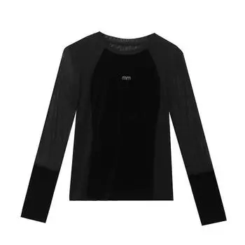 Новая весенняя футболка с круглым вырезом и длинным рукавом из сетчатого бархата для женщин, тонкая базовая рубашка-пуловер S