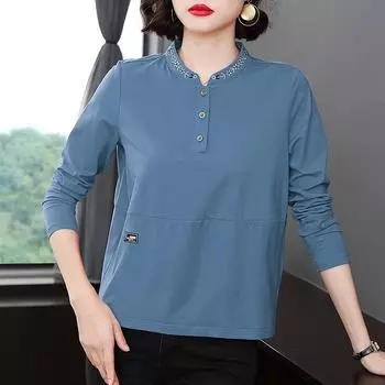Новая весенняя футболка в иностранном стиле, женская футболка для мам среднего возраста, осенняя мода, воротник-стойка, вышитая нижняя рубашка M