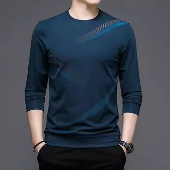 Новая весенняя мужская нижняя рубашка с длинными рукавами, высококачественная мужская футболка среднего возраста в полоску с круглым вырезом и принтом M