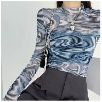 Новая весенняя рубашка для похудения с длинным рукавом и резьбой, простая повседневная базовая рубашка 2024 года, однотонная плотная рубашка с круглым вырезом и высоким воротником XL синий