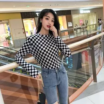 Новая весенняя рубашка с длинными рукавами и солнцезащитным кремом, внутренняя и верхняя одежда, черно-белая клетчатая футболка, облегающая женская рубашка в крупную клетку S