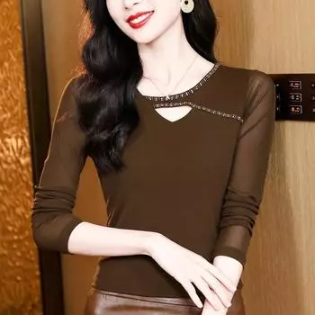 Новая весенняя рубашка с круглым вырезом, универсальная, с бисером, однотонная, с длинными рукавами, сетчатая, для женщин M