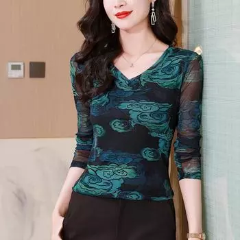 Новая весенняя сетчатая футболка с длинными рукавами и V-образным вырезом для женщин с узким топом M