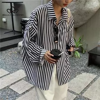 Новая весенняя свободная полосатая рубашка с длинными рукавами для женщин one size