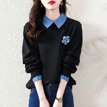 Новая весенняя толстовка с лацканами для женщин со спущенными плечами, длинными рукавами, прямая повседневная толстовка для поездок на работу S чёрный