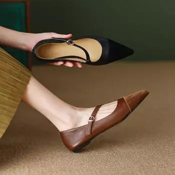 Новая весенняя женская обувь из натуральной кожи, туфли-лодочки с острым носком в стиле ретро, кожаная обувь на плоской подошве, женские туфли на каблуке, женские туфли на плоской подошве 39 чёрный