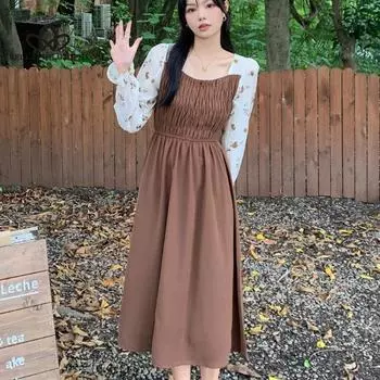 Новая весенняя женская одежда, облегающее платье с тонкой талией и французским шиком, женское модное повседневное элегантное длинное пляжное платье S коричневый