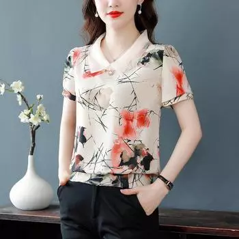 Новая весенняя женская шелковая тонкая футболка, летняя рубашка с короткими рукавами для поездок на работу, большой размер, свободный топ M