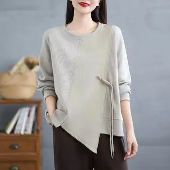 Новая весенняя женская свободная повседневная футболка с длинным рукавом и круглым вырезом, базовые топы с пуговицами, новый пуловер L чёрный